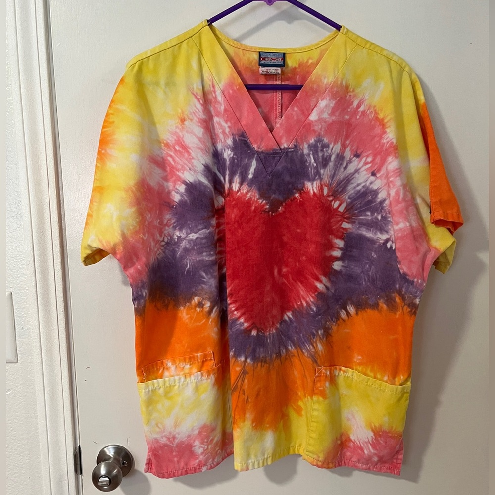 Cherokee Colorful Tie-Dye Scrub Top